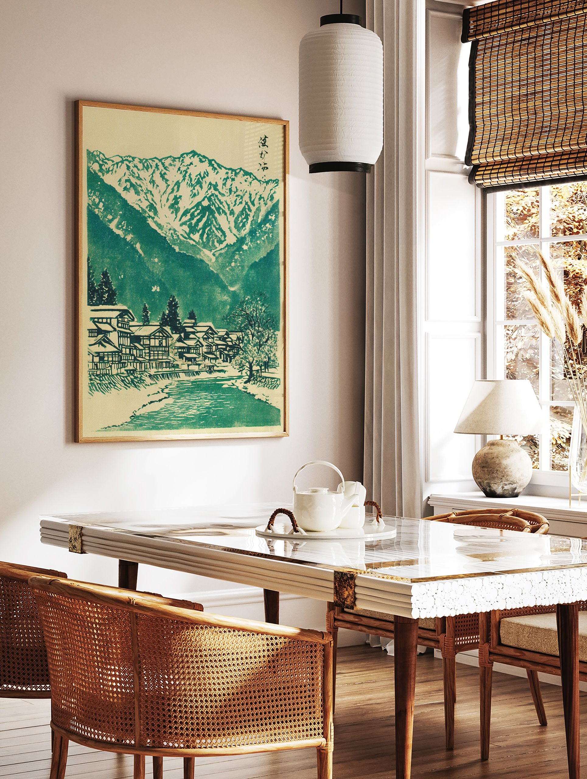 Japanese landscape woodblock print featuring a snowy mountain village, river, and green trees on a cream background. - Image 2