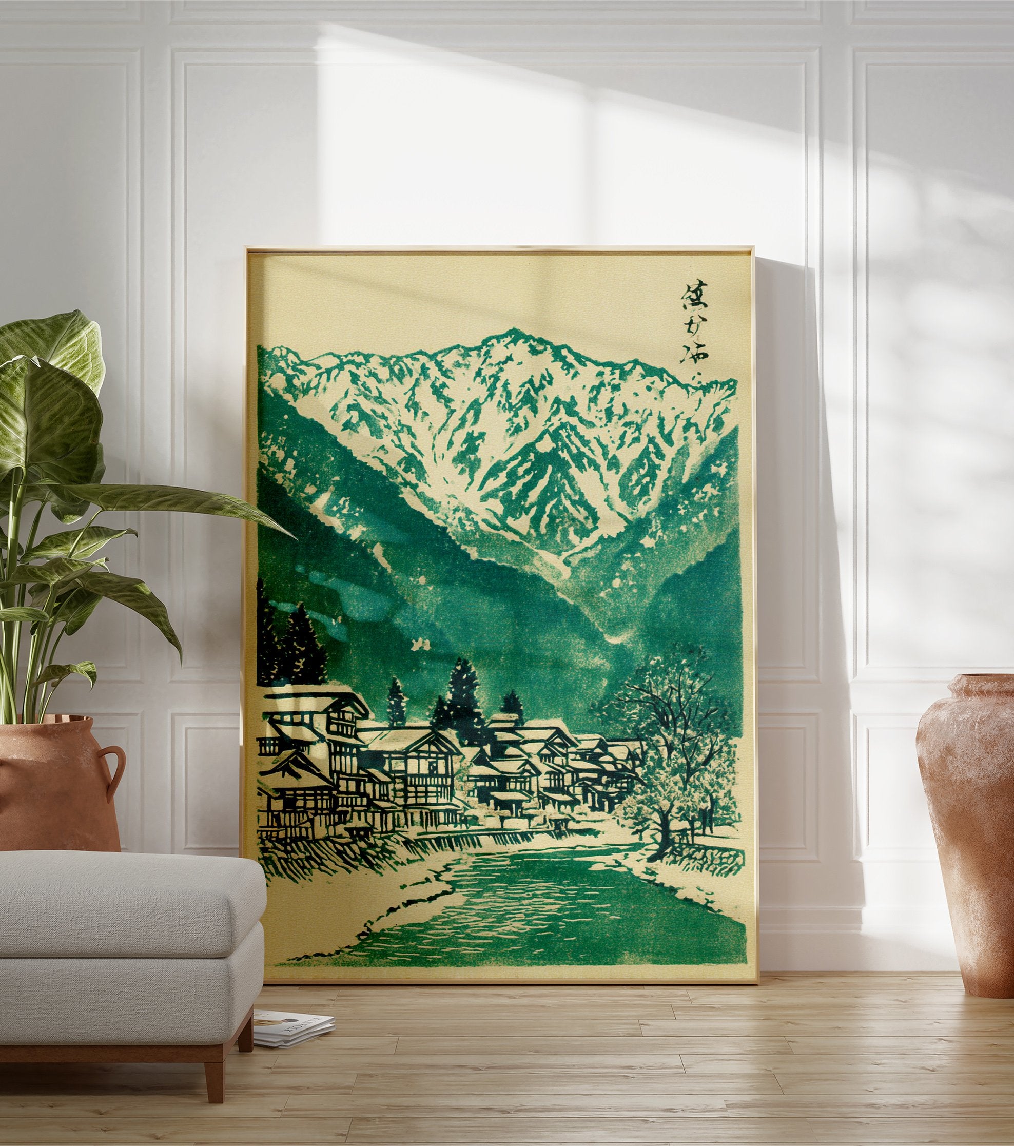 Japanese landscape woodblock print featuring a snowy mountain village, river, and green trees on a cream background. - Image 3