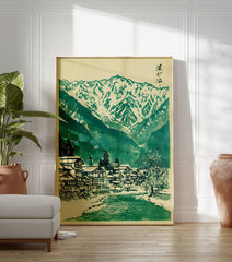 Japanese landscape woodblock print featuring a snowy mountain village, river, and green trees on a cream background. - Image 3