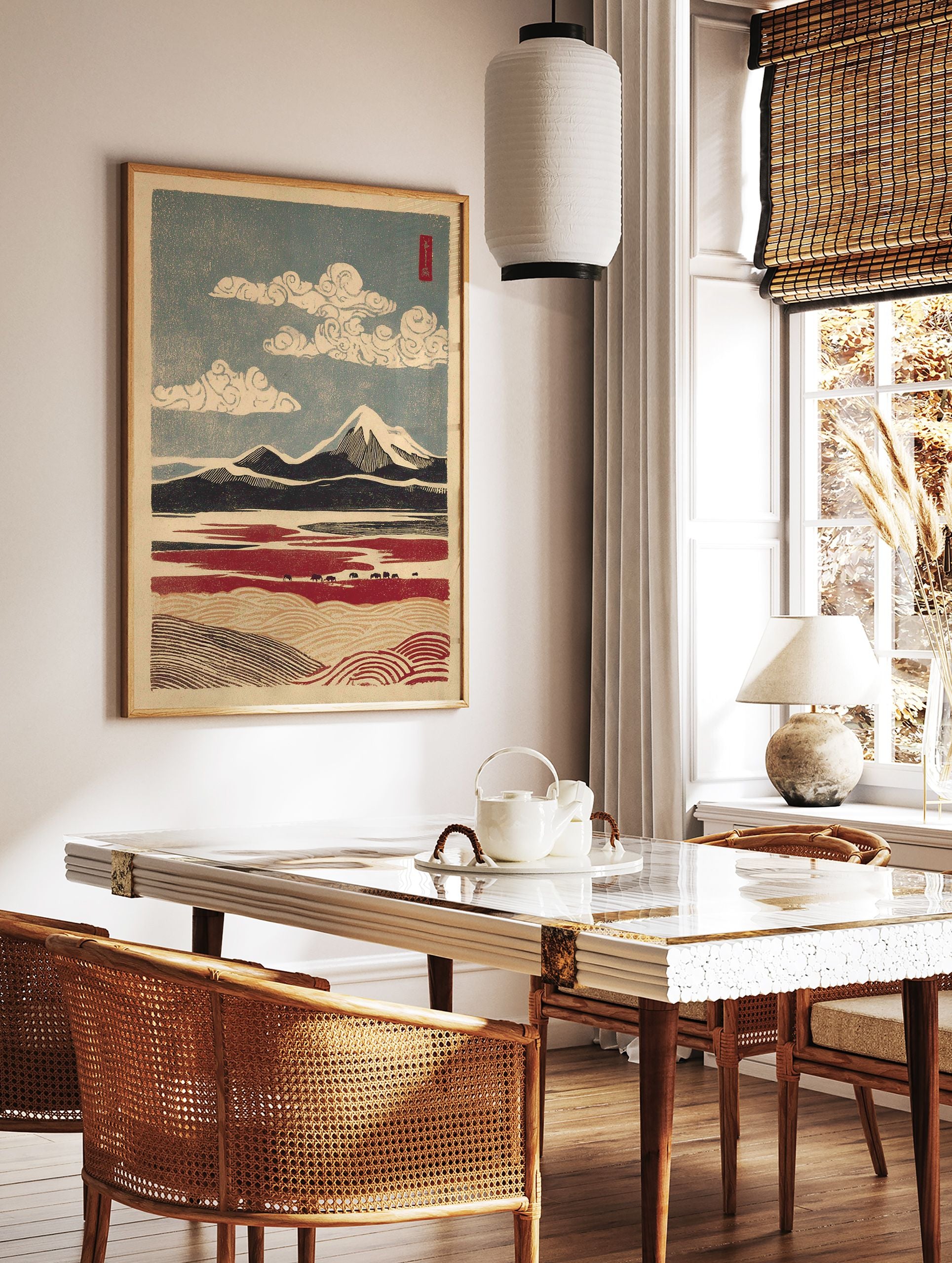 Japanese Landscape Art Print featuring snow-capped mountains, a red foreground with animals, and a blue sky with stylized clouds. - Image 2