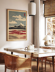 Japanese Landscape Art Print featuring snow-capped mountains, a red foreground with animals, and a blue sky with stylized clouds. - Image 2