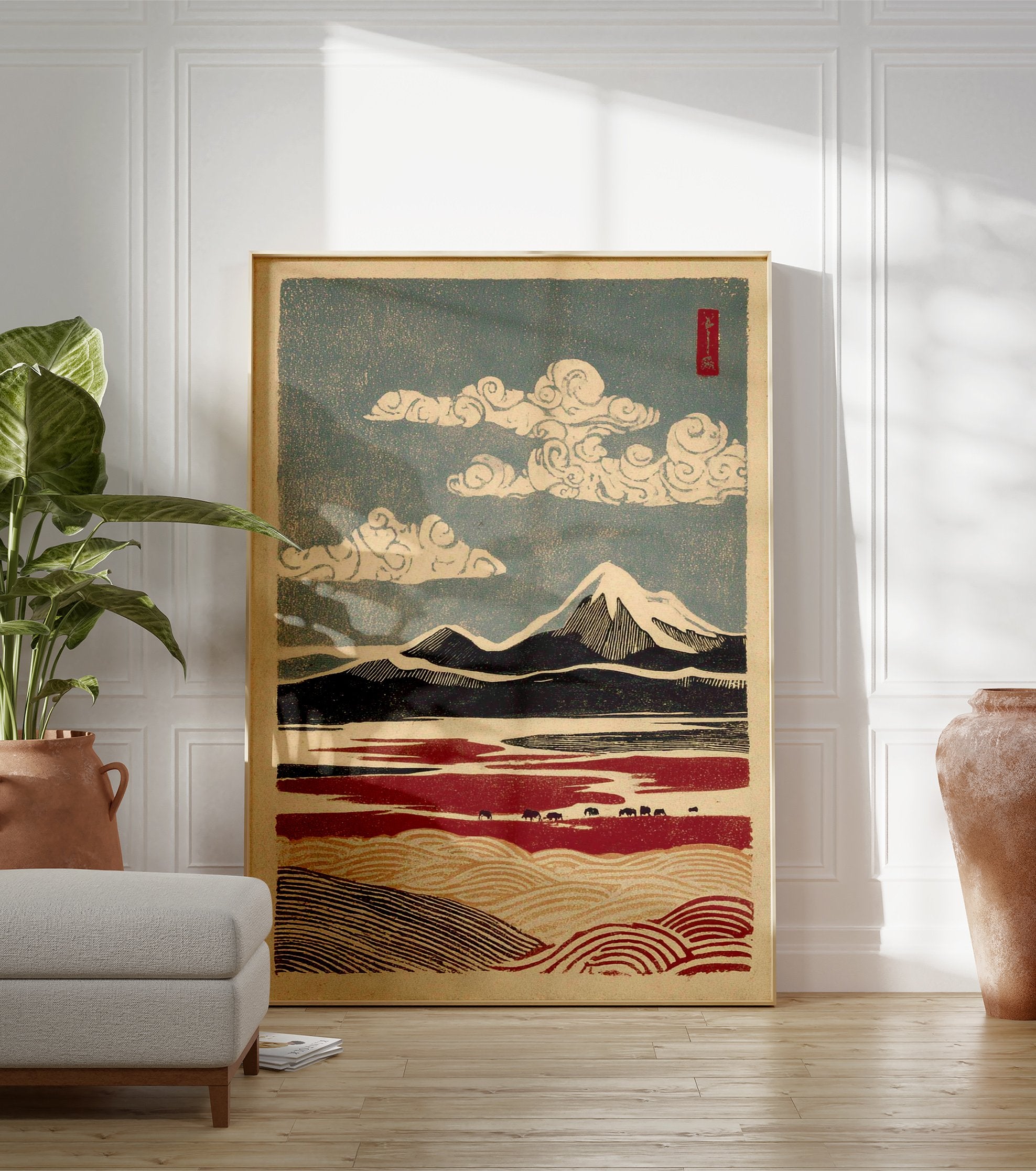 Japanese Landscape Art Print featuring snow-capped mountains, a red foreground with animals, and a blue sky with stylized clouds. - Image 3