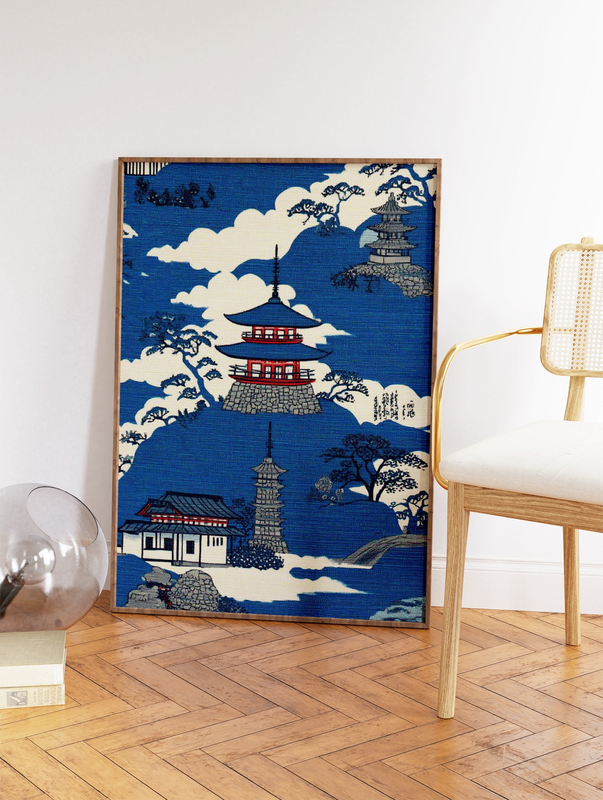 Japanese landscape art print featuring pagodas, traditional buildings, pine trees, and clouds in blue and white. - Image 2
