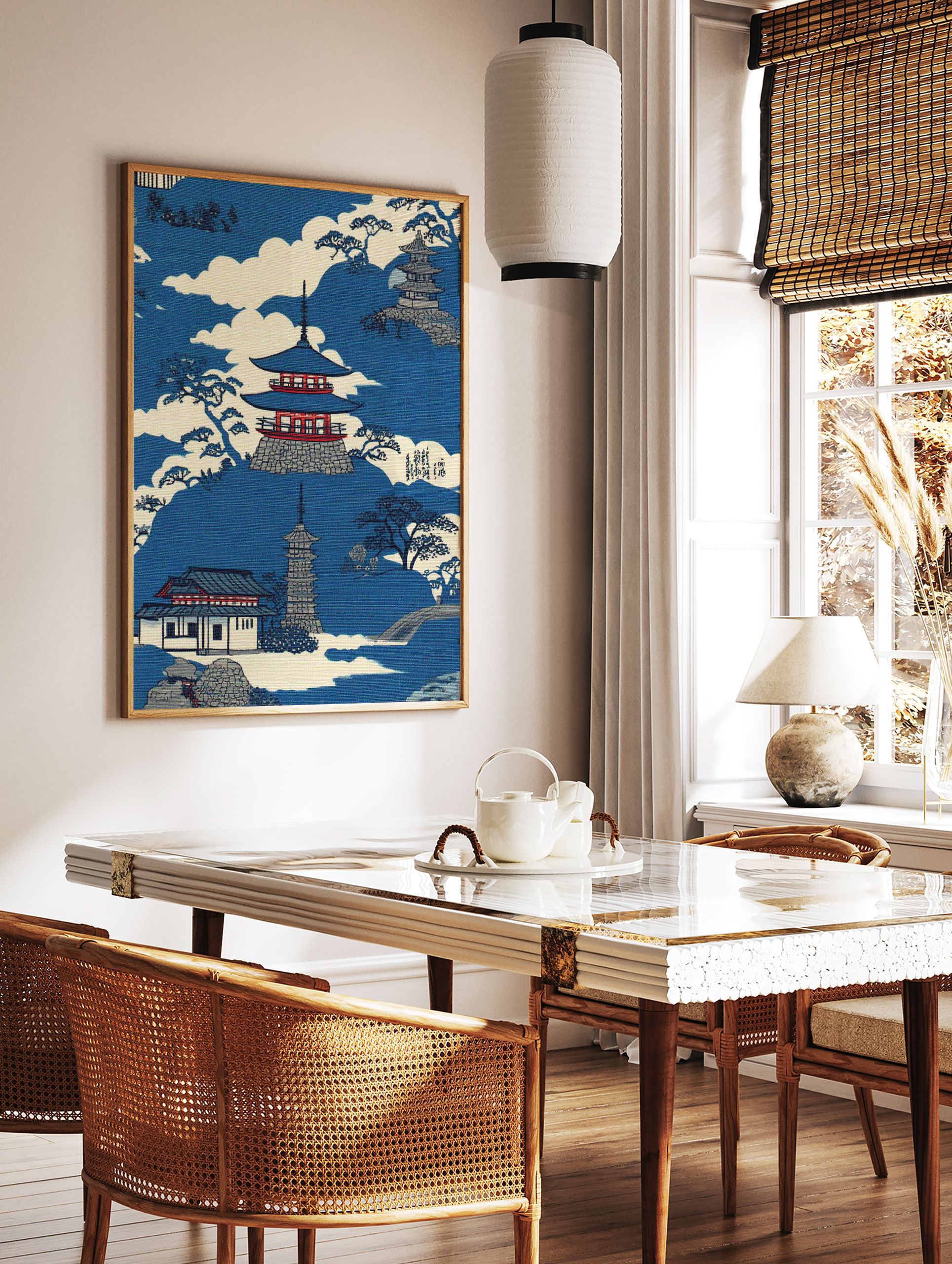 Japanese landscape art print featuring pagodas, traditional buildings, pine trees, and clouds in blue and white. - Image 3