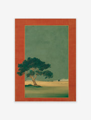 Traditional Japanese landscape art print with a large green tree in the foreground and smaller tree in the distance, framed.