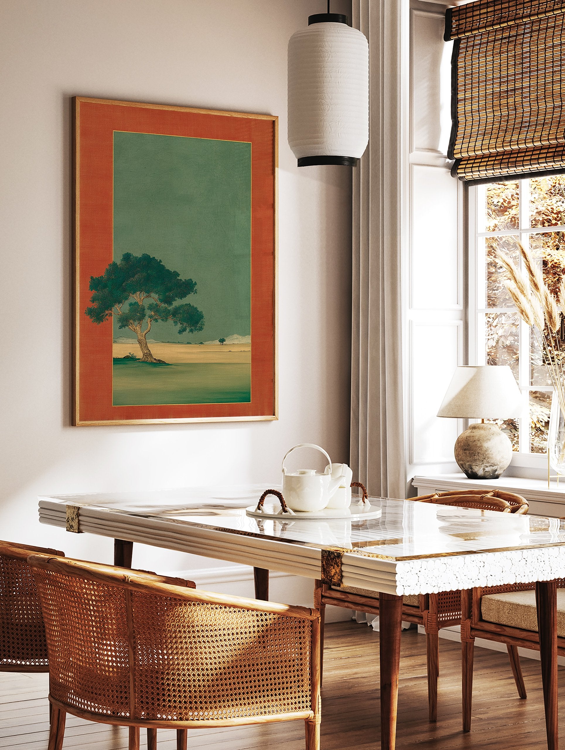 Traditional Japanese landscape art print with a large green tree in the foreground and smaller tree in the distance, framed. - Image 2