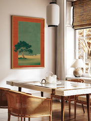 Traditional Japanese landscape art print with a large green tree in the foreground and smaller tree in the distance, framed. - Image 2