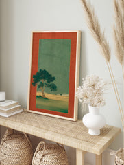 Traditional Japanese landscape art print with a large green tree in the foreground and smaller tree in the distance, framed. - Image 3