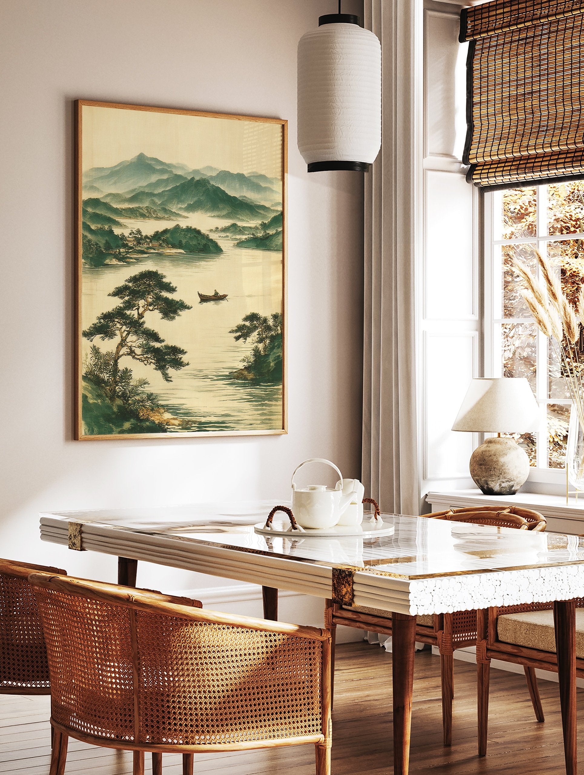 Traditional Japanese landscape art print with misty mountains, a serene lake, a boatman, and pine trees. - Image 2