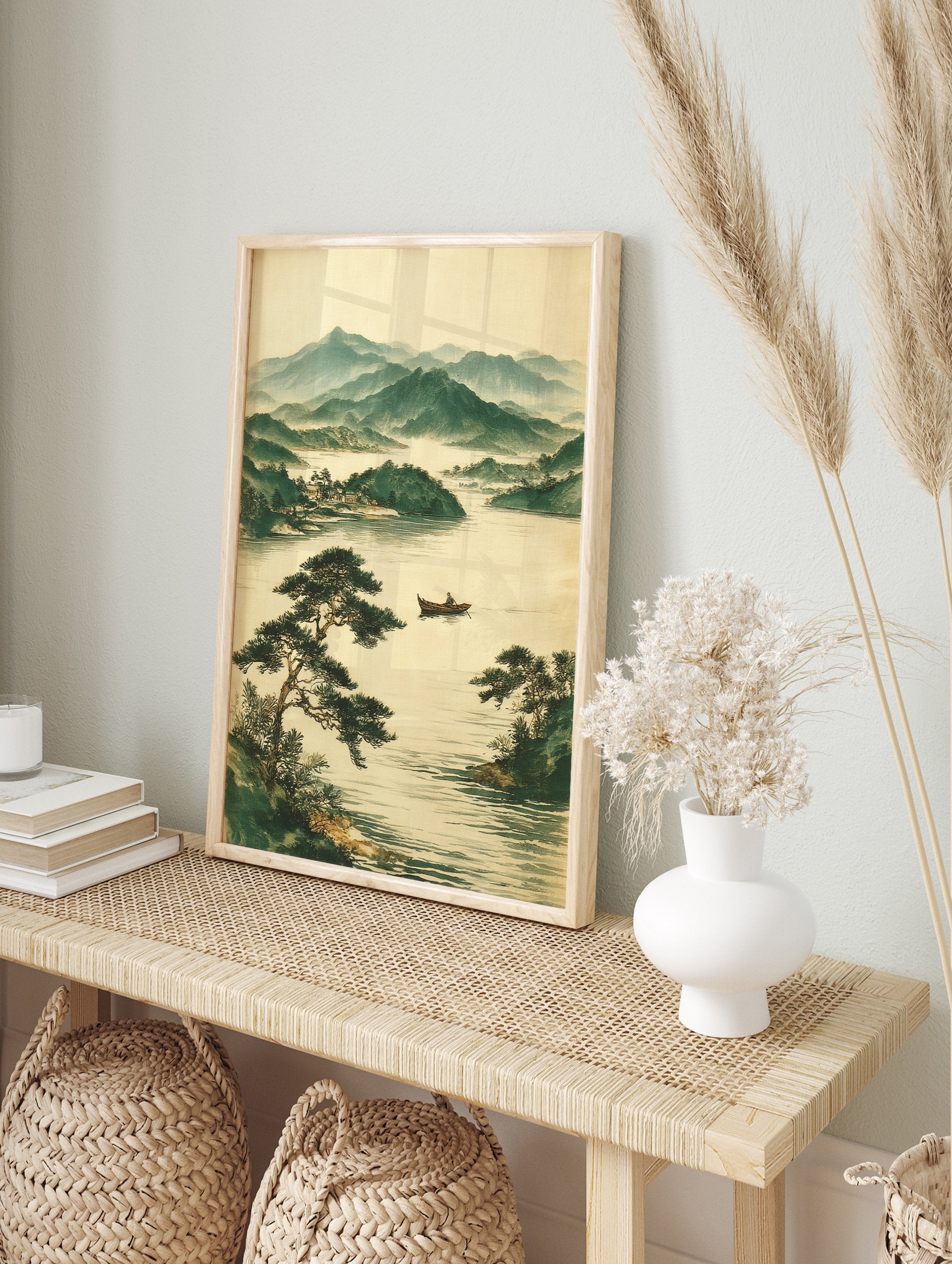 Traditional Japanese landscape art print with misty mountains, a serene lake, a boatman, and pine trees. - Image 3