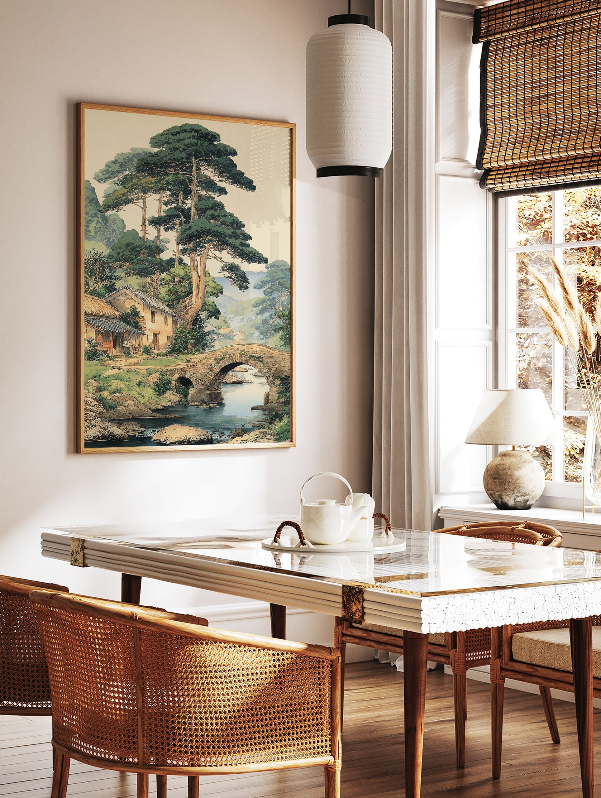 Traditional Japanese landscape art print showing a village with houses, pine trees, stone bridge over a river, and mountains. - Image 2