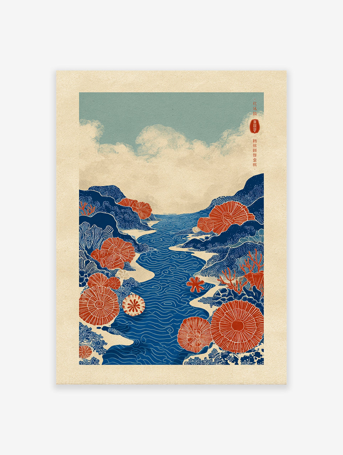 Stylized blue river landscape with red coral and blue mountains art print, inspired by Japanese illustration style.