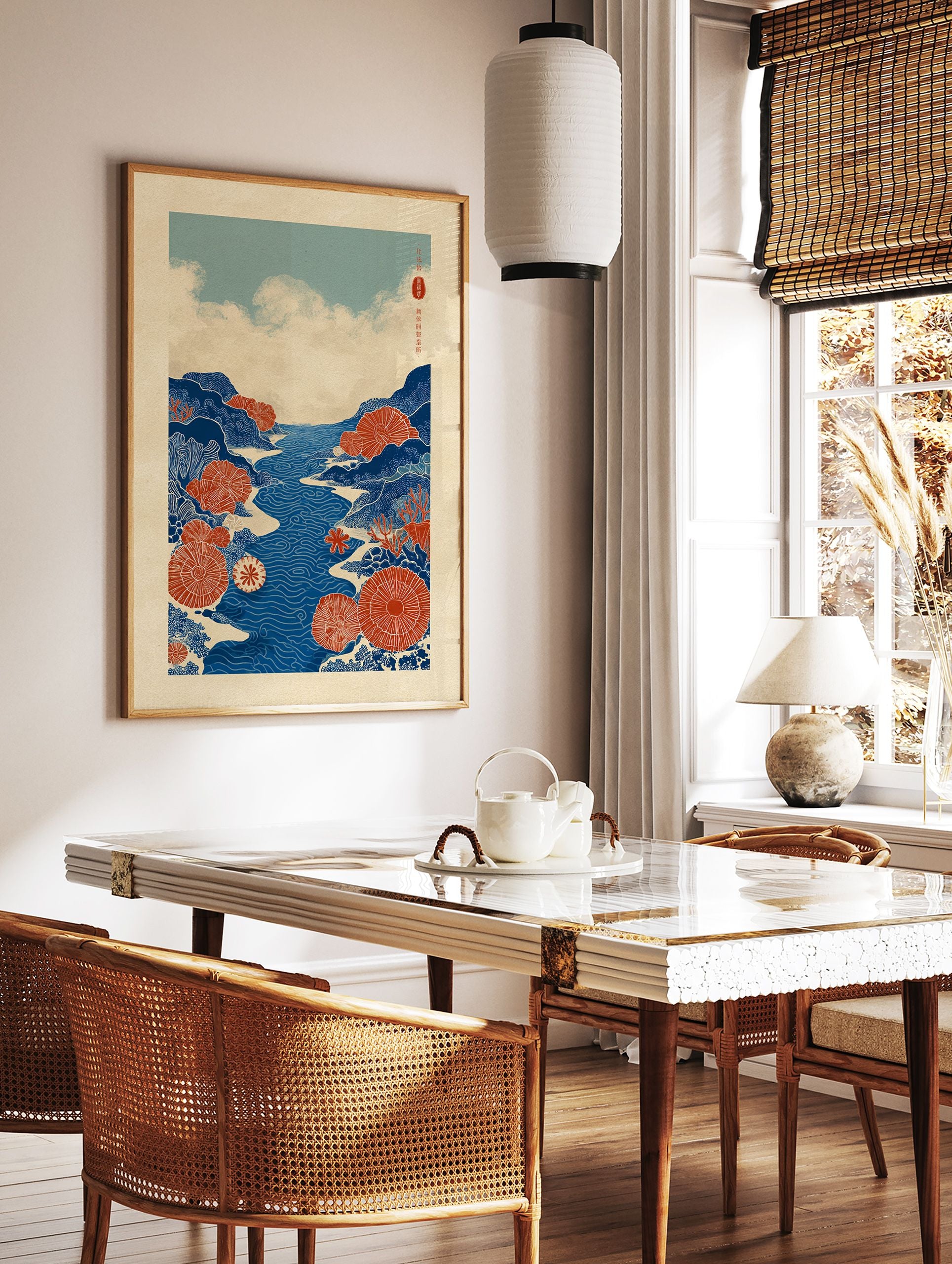 Stylized blue river landscape with red coral and blue mountains art print, inspired by Japanese illustration style. - Image 2