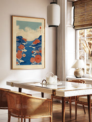 Stylized blue river landscape with red coral and blue mountains art print, inspired by Japanese illustration style. - Image 2