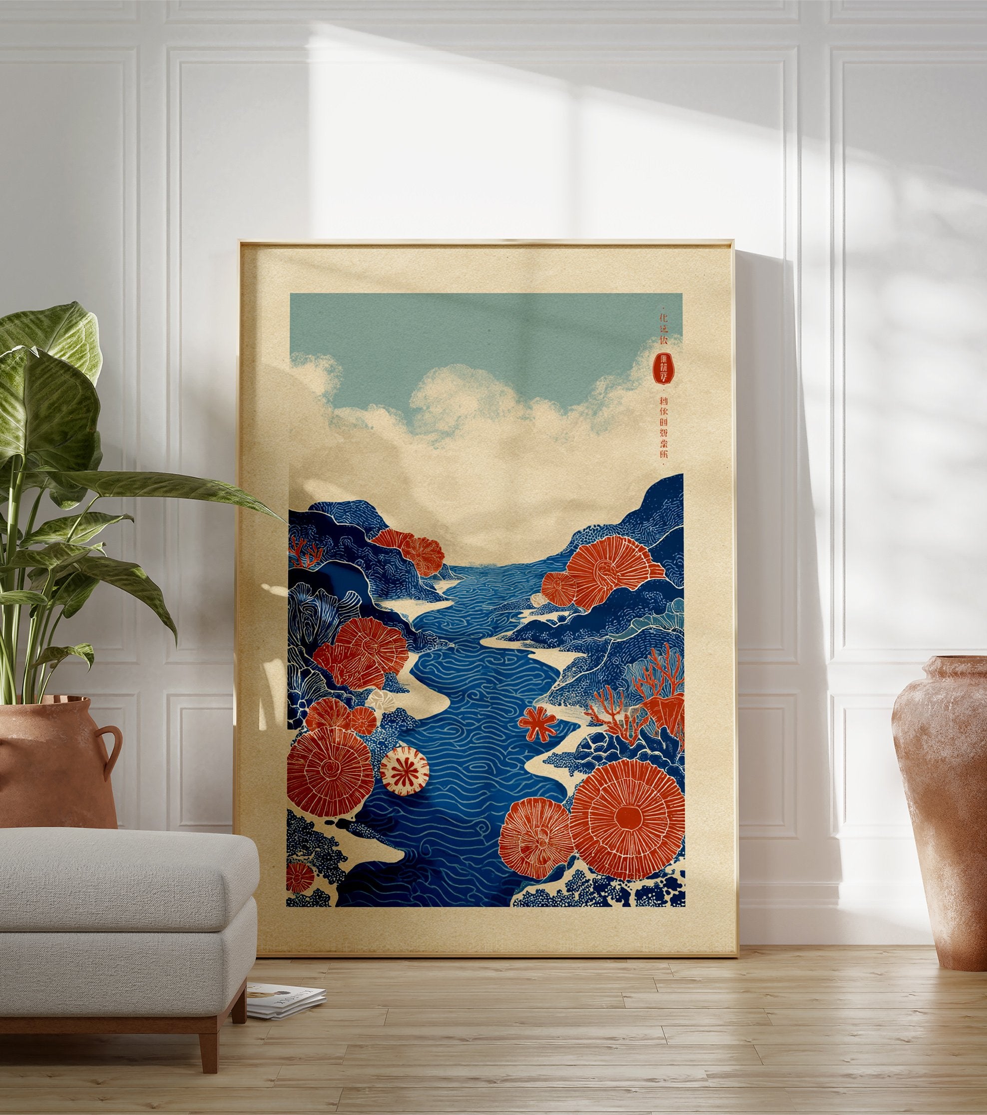 Stylized blue river landscape with red coral and blue mountains art print, inspired by Japanese illustration style. - Image 3