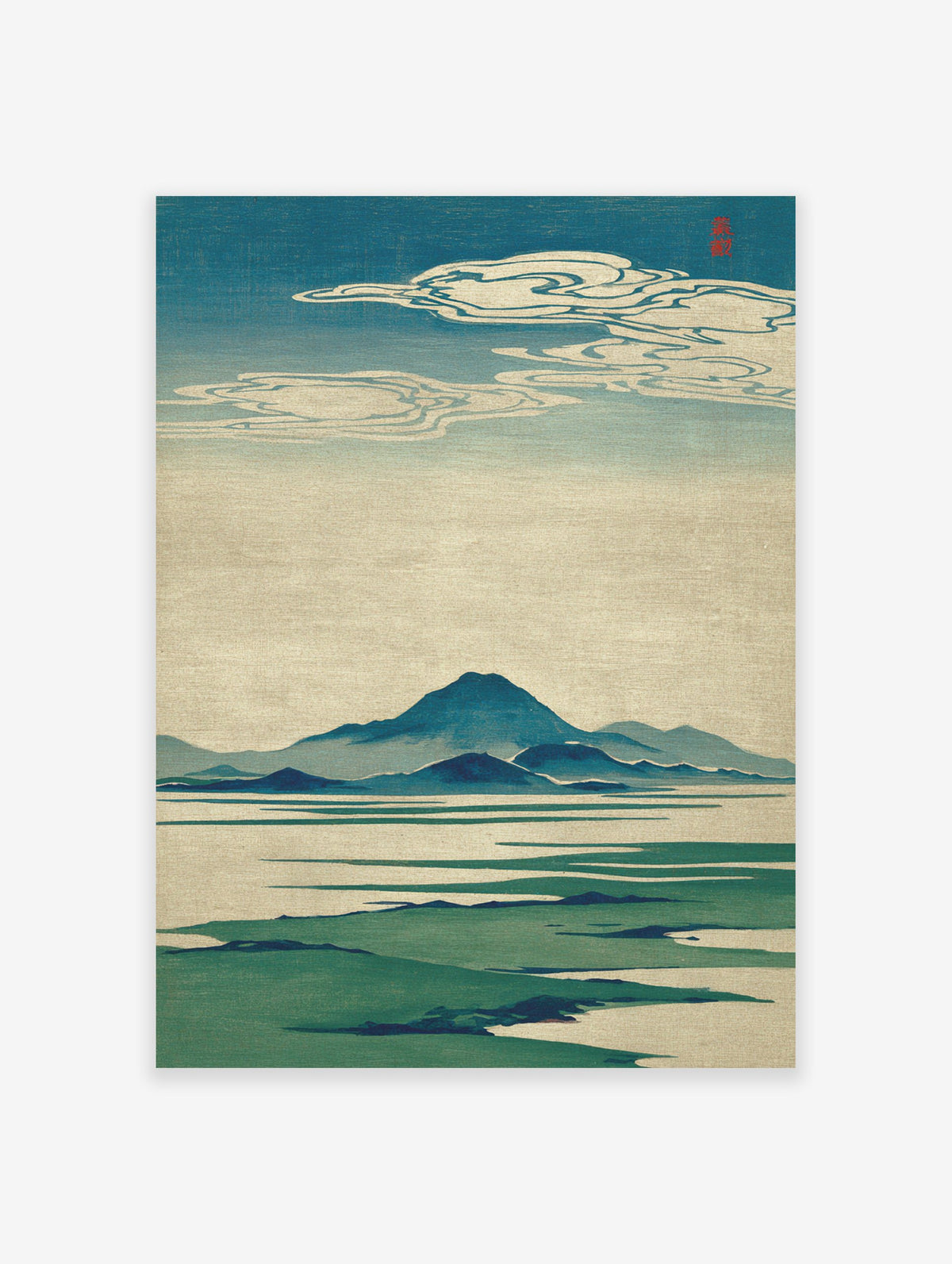 Japanese landscape art print with blue-green mountains, water, and stylized clouds in a serene setting.