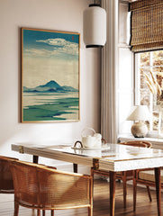Japanese landscape art print with blue-green mountains, water, and stylized clouds in a serene setting. - Image 2