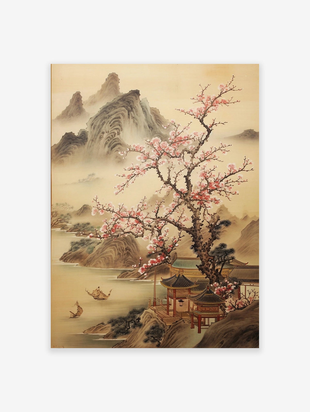 Japanese Landscape Poster depicting misty mountains, a cherry blossom tree, traditional buildings, and boats on water.
