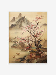 Japanese Landscape Poster depicting misty mountains, a cherry blossom tree, traditional buildings, and boats on water.