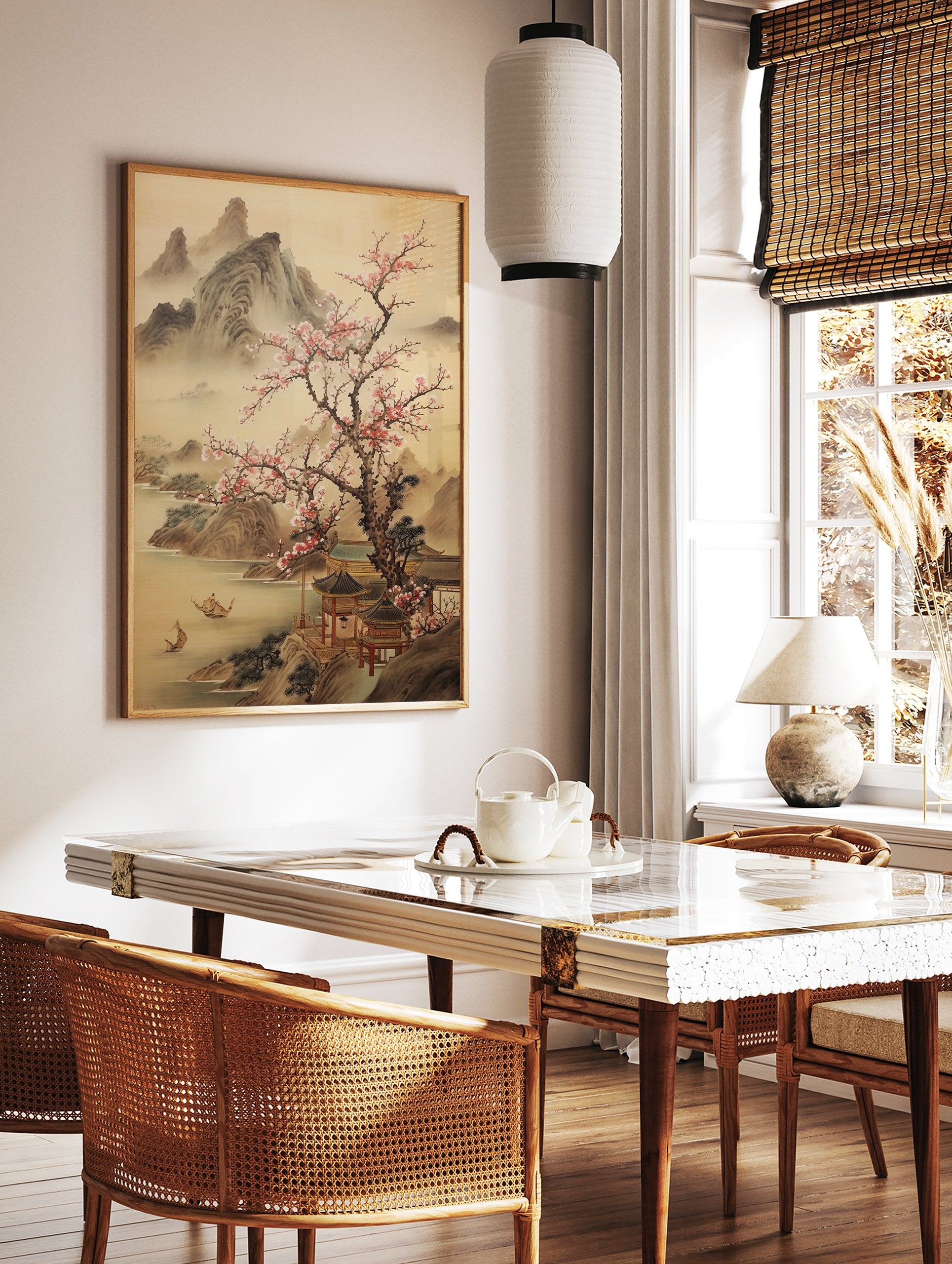 Japanese Landscape Poster depicting misty mountains, a cherry blossom tree, traditional buildings, and boats on water. - Image 2