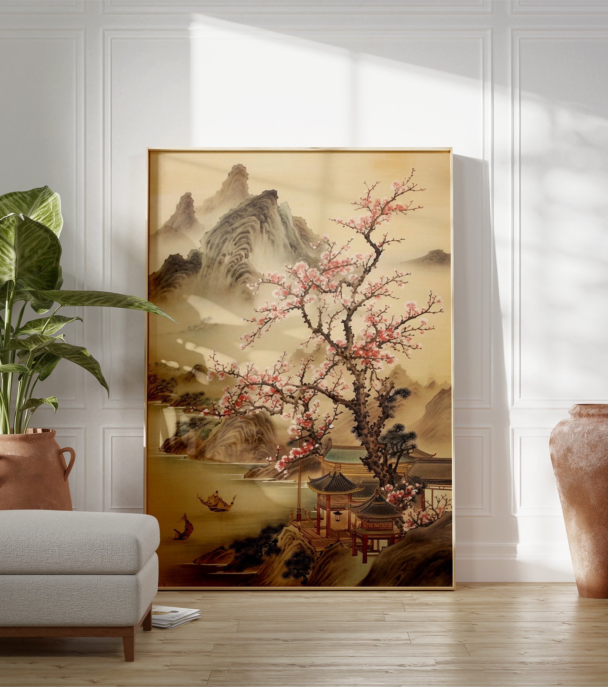 Japanese Landscape Poster depicting misty mountains, a cherry blossom tree, traditional buildings, and boats on water. - Image 3