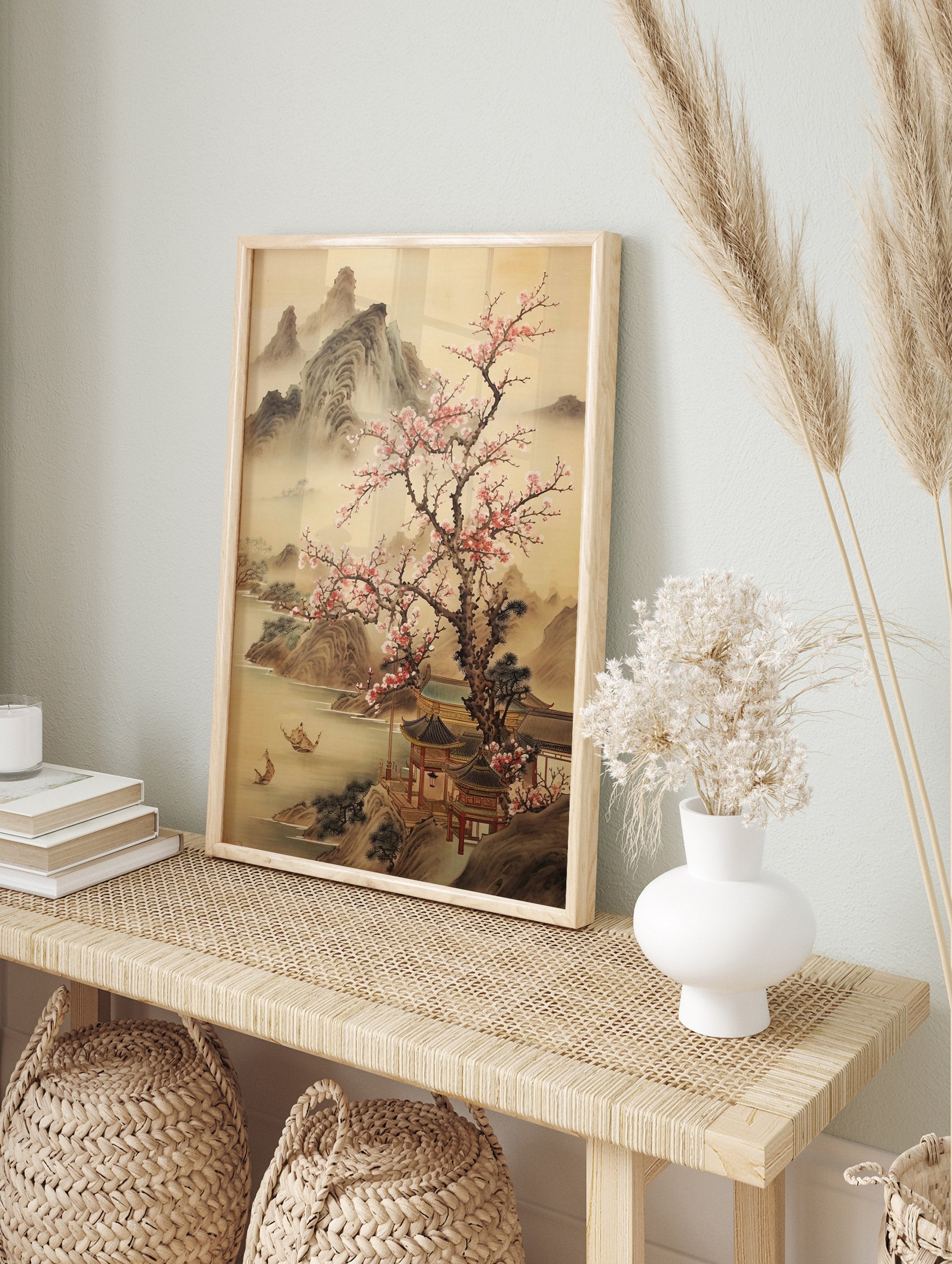 Japanese Landscape Poster depicting misty mountains, a cherry blossom tree, traditional buildings, and boats on water. - Image 4
