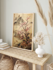 Japanese Landscape Poster depicting misty mountains, a cherry blossom tree, traditional buildings, and boats on water. - Image 4
