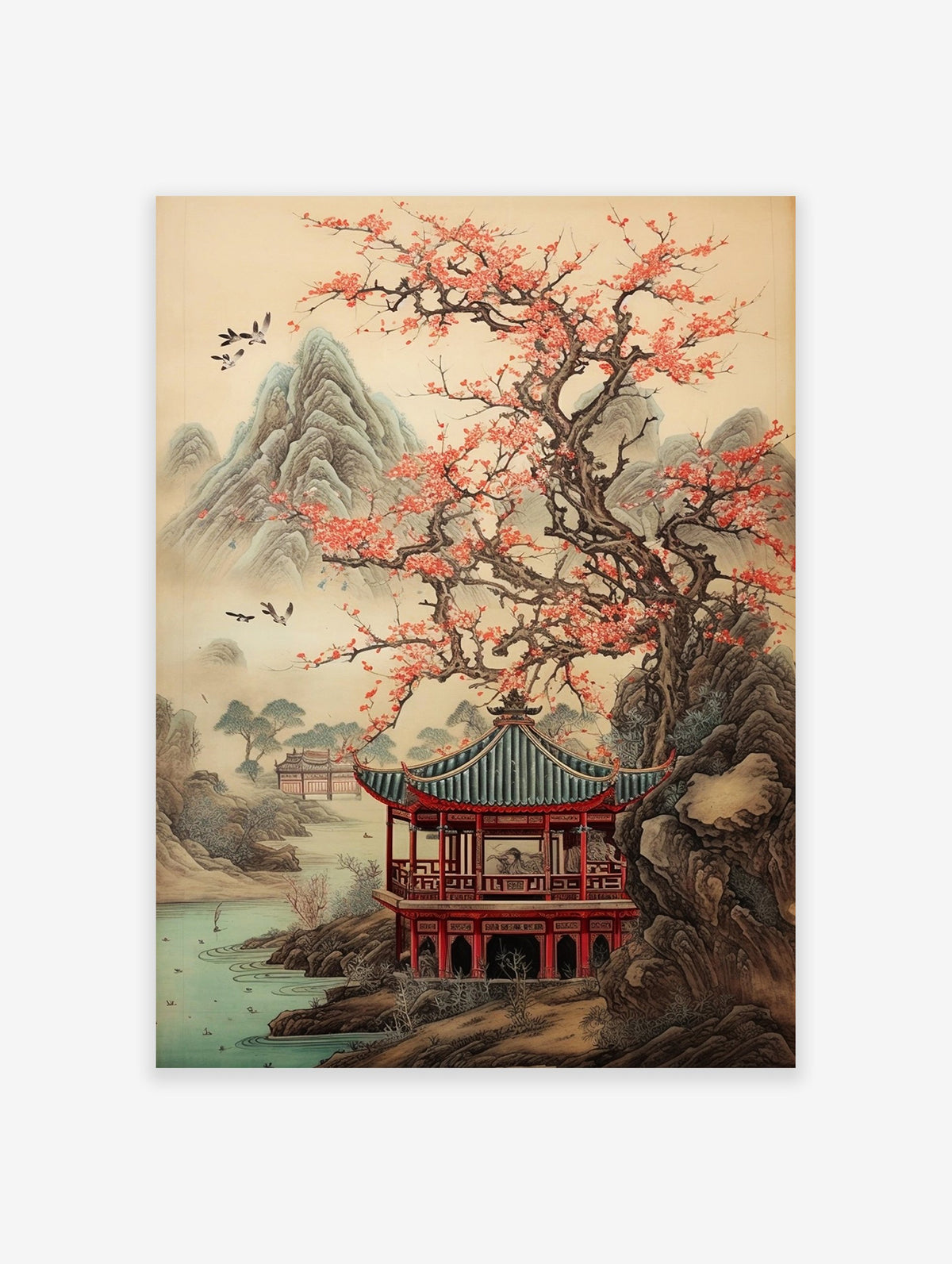Japanese landscape poster featuring a red pagoda, a large cherry blossom tree, misty mountains, and birds flying over a lake.