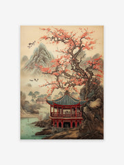 Japanese landscape poster featuring a red pagoda, a large cherry blossom tree, misty mountains, and birds flying over a lake.