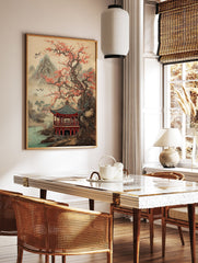 Japanese landscape poster featuring a red pagoda, a large cherry blossom tree, misty mountains, and birds flying over a lake. - Image 2