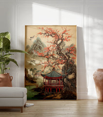 Japanese landscape poster featuring a red pagoda, a large cherry blossom tree, misty mountains, and birds flying over a lake. - Image 3