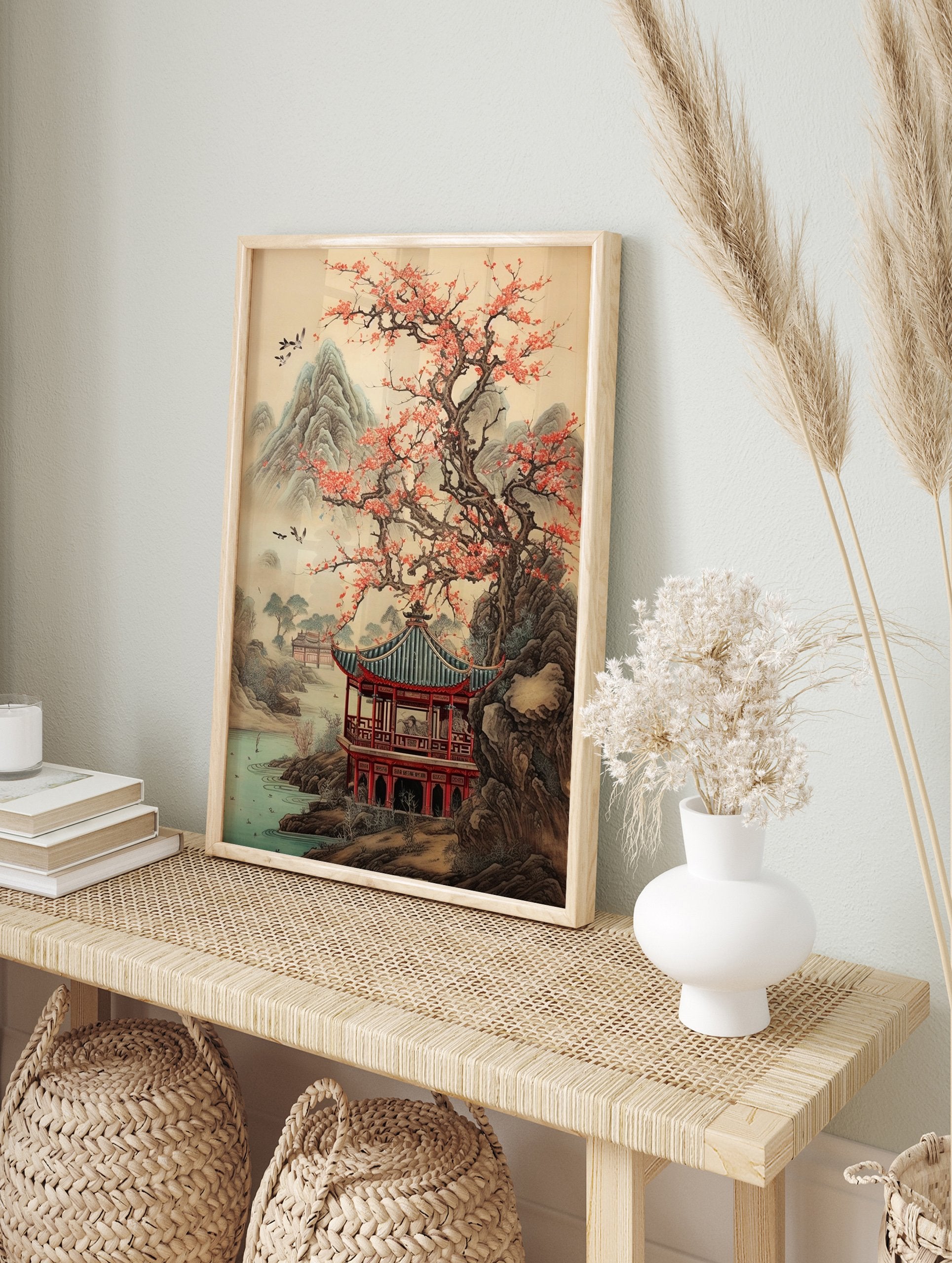 Japanese landscape poster featuring a red pagoda, a large cherry blossom tree, misty mountains, and birds flying over a lake. - Image 4