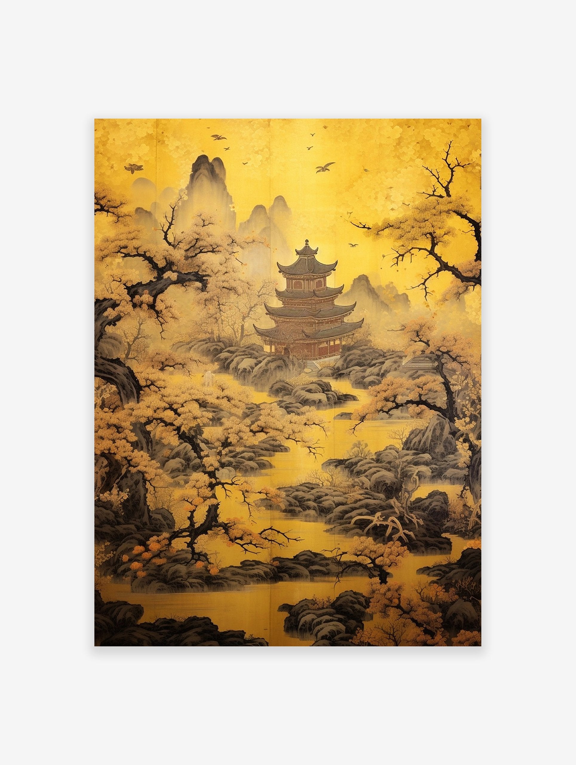 Japanese Landscape Poster featuring a golden pagoda, mountains, trees with yellow foliage, and birds in a golden sky.