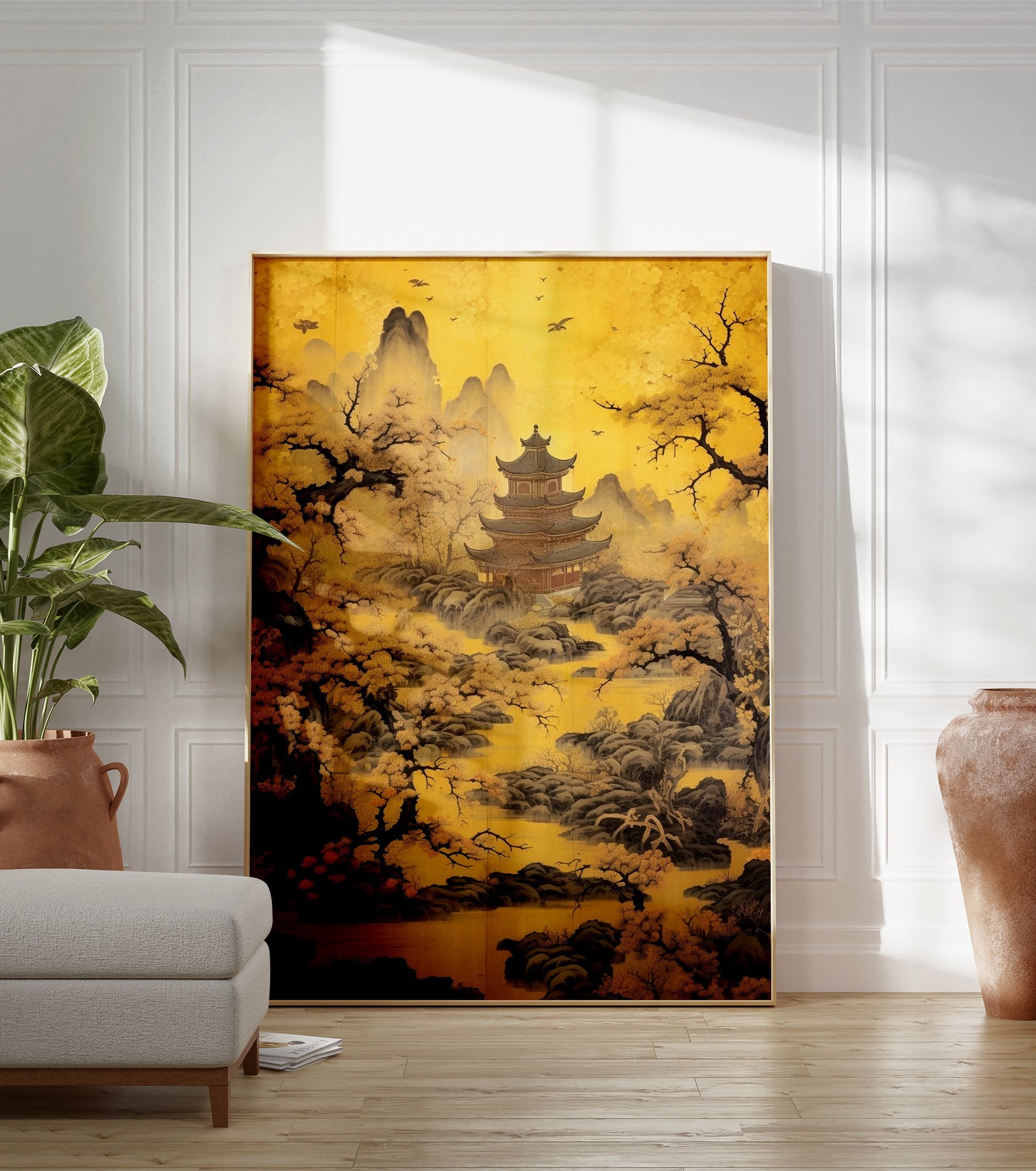 Japanese Landscape Poster featuring a golden pagoda, mountains, trees with yellow foliage, and birds in a golden sky. - Image 3