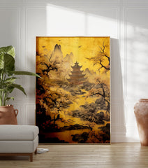 Japanese Landscape Poster featuring a golden pagoda, mountains, trees with yellow foliage, and birds in a golden sky. - Image 3
