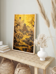 Japanese Landscape Poster featuring a golden pagoda, mountains, trees with yellow foliage, and birds in a golden sky. - Image 4