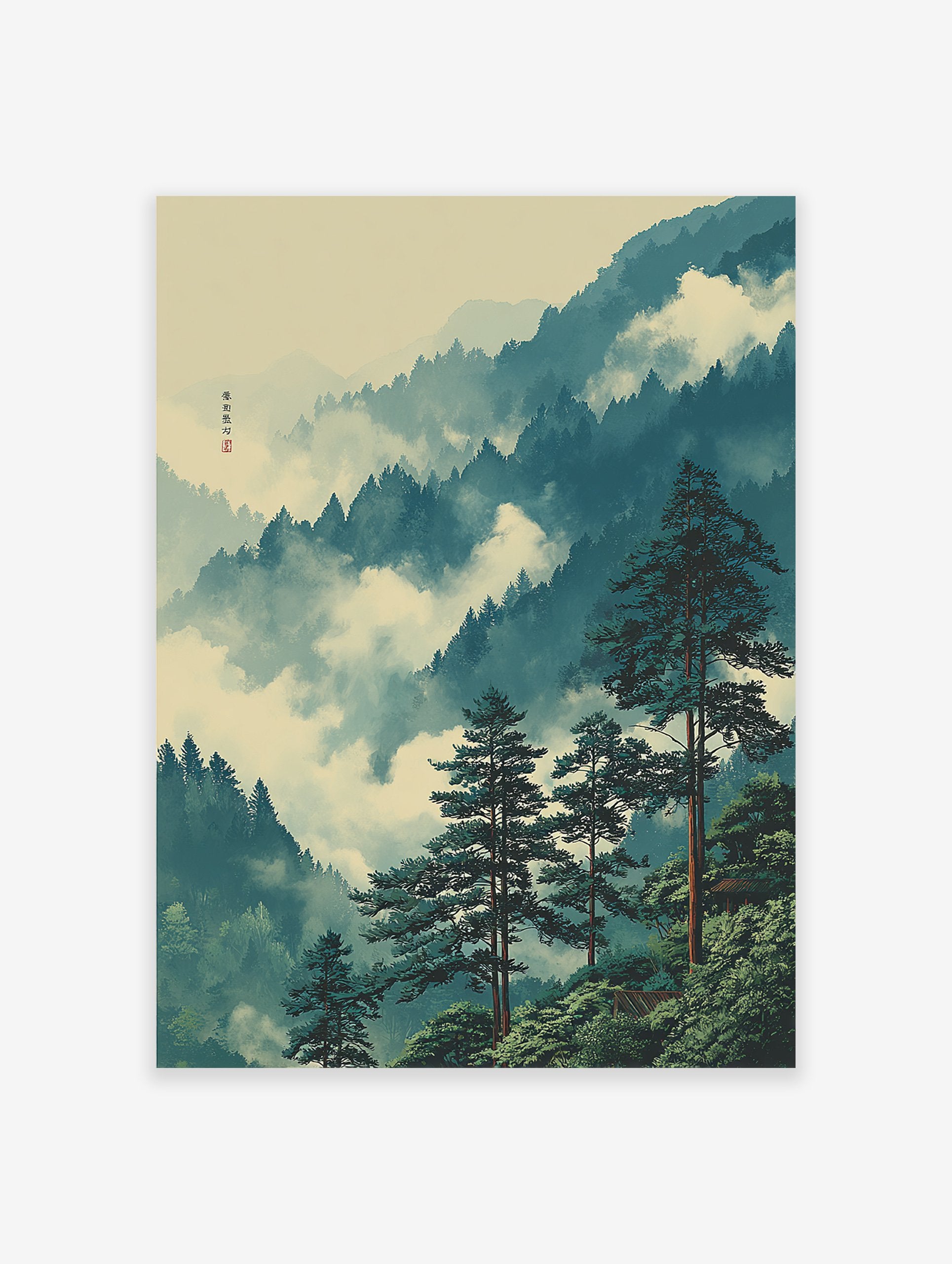 Japanese landscape poster featuring misty mountain forest with pine trees and a traditional building.