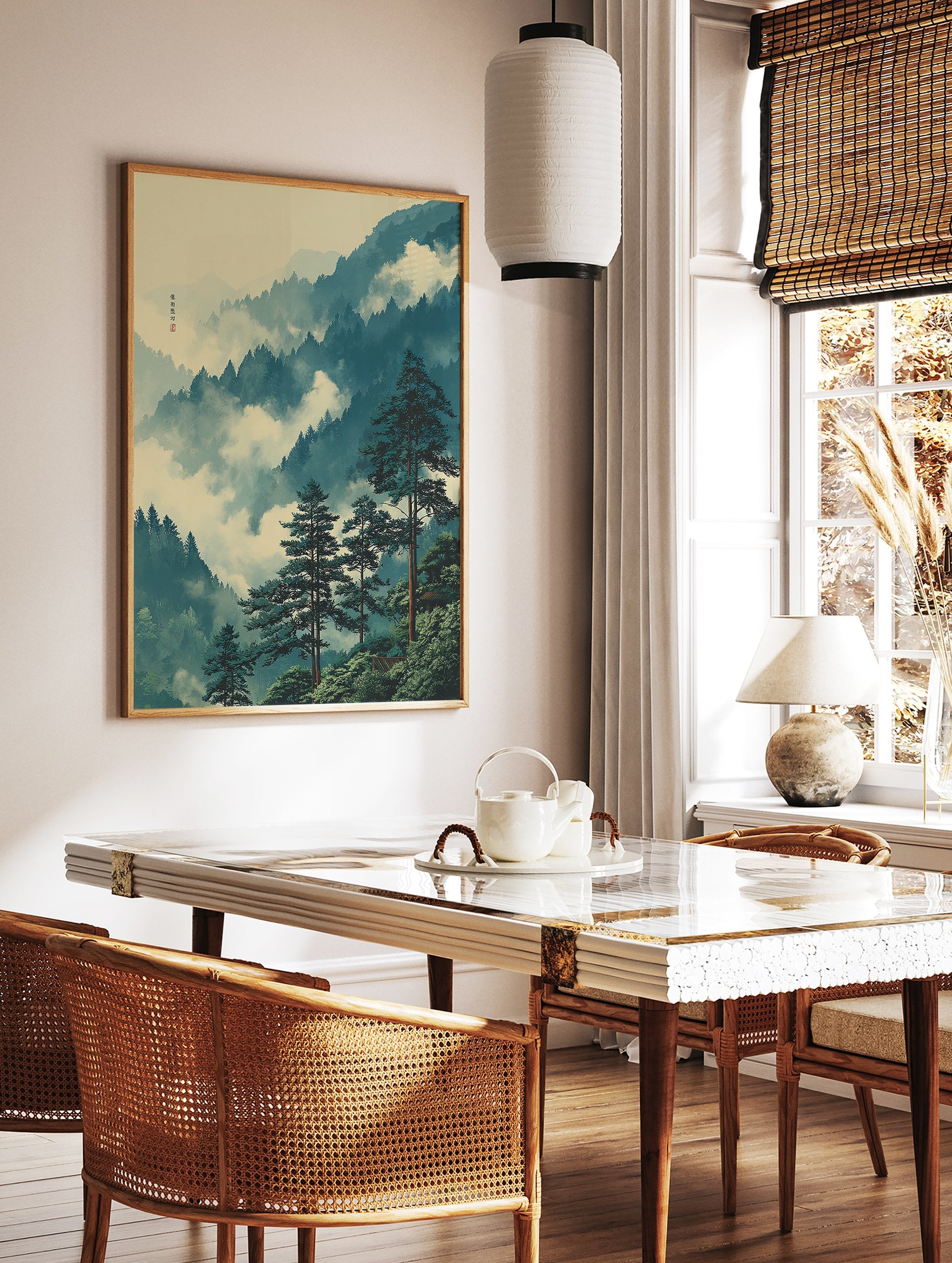 Japanese landscape poster featuring misty mountain forest with pine trees and a traditional building. - Image 2
