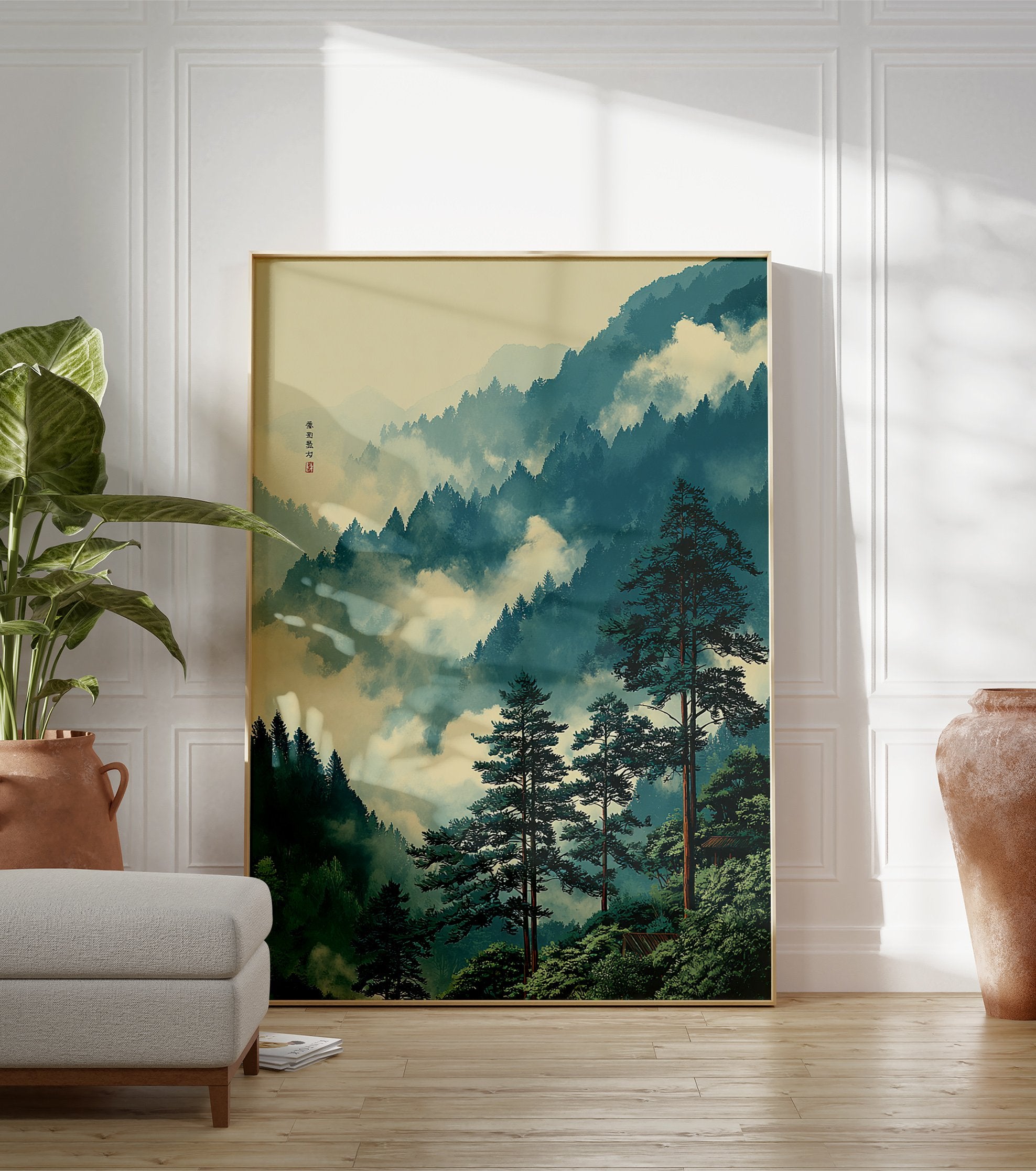 Japanese landscape poster featuring misty mountain forest with pine trees and a traditional building. - Image 3