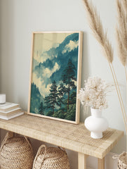 Japanese landscape poster featuring misty mountain forest with pine trees and a traditional building. - Image 4