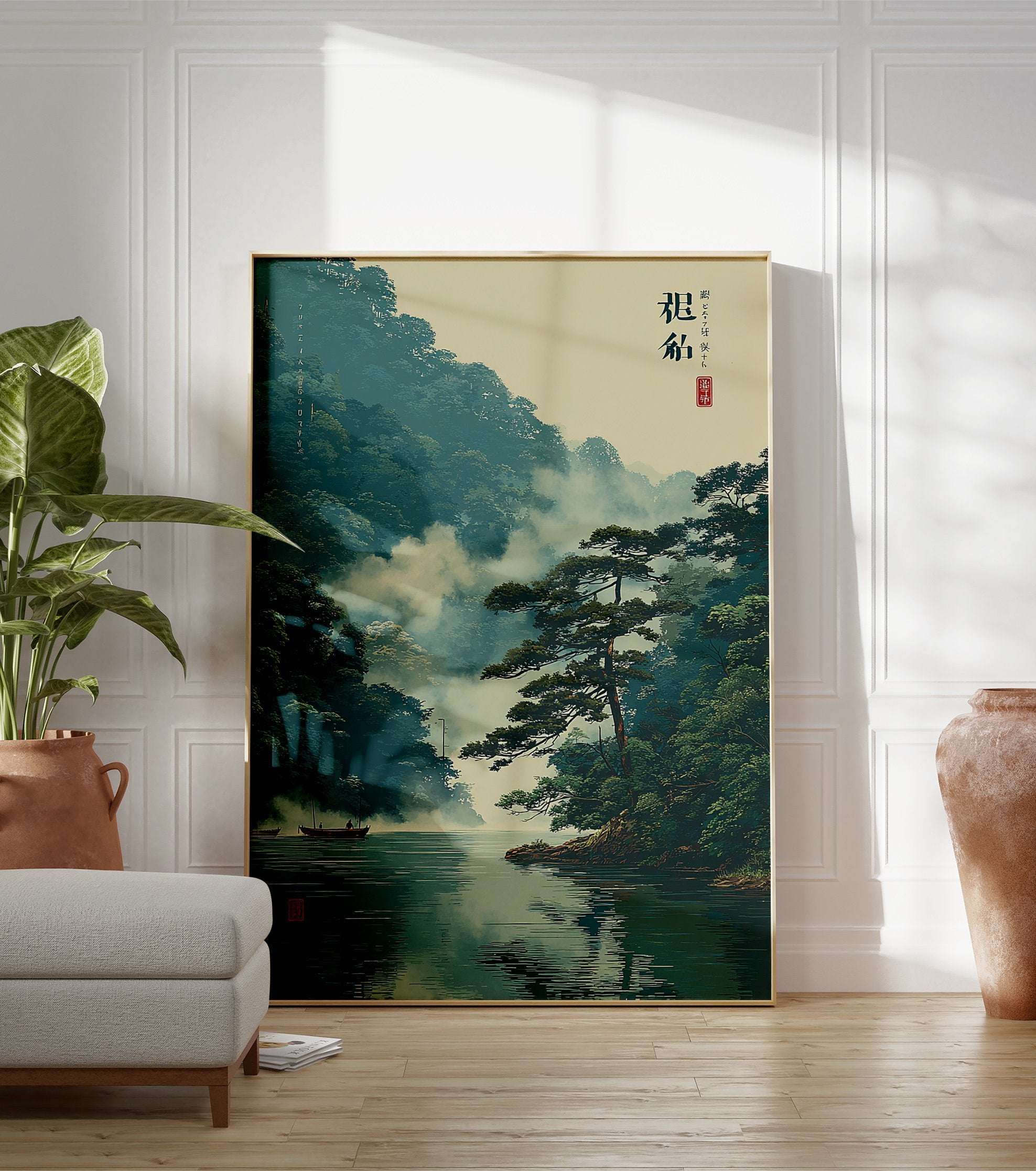 Japanese landscape poster depicting a misty mountain river scene with green trees, a prominent pine, and a small boat. - Image 3