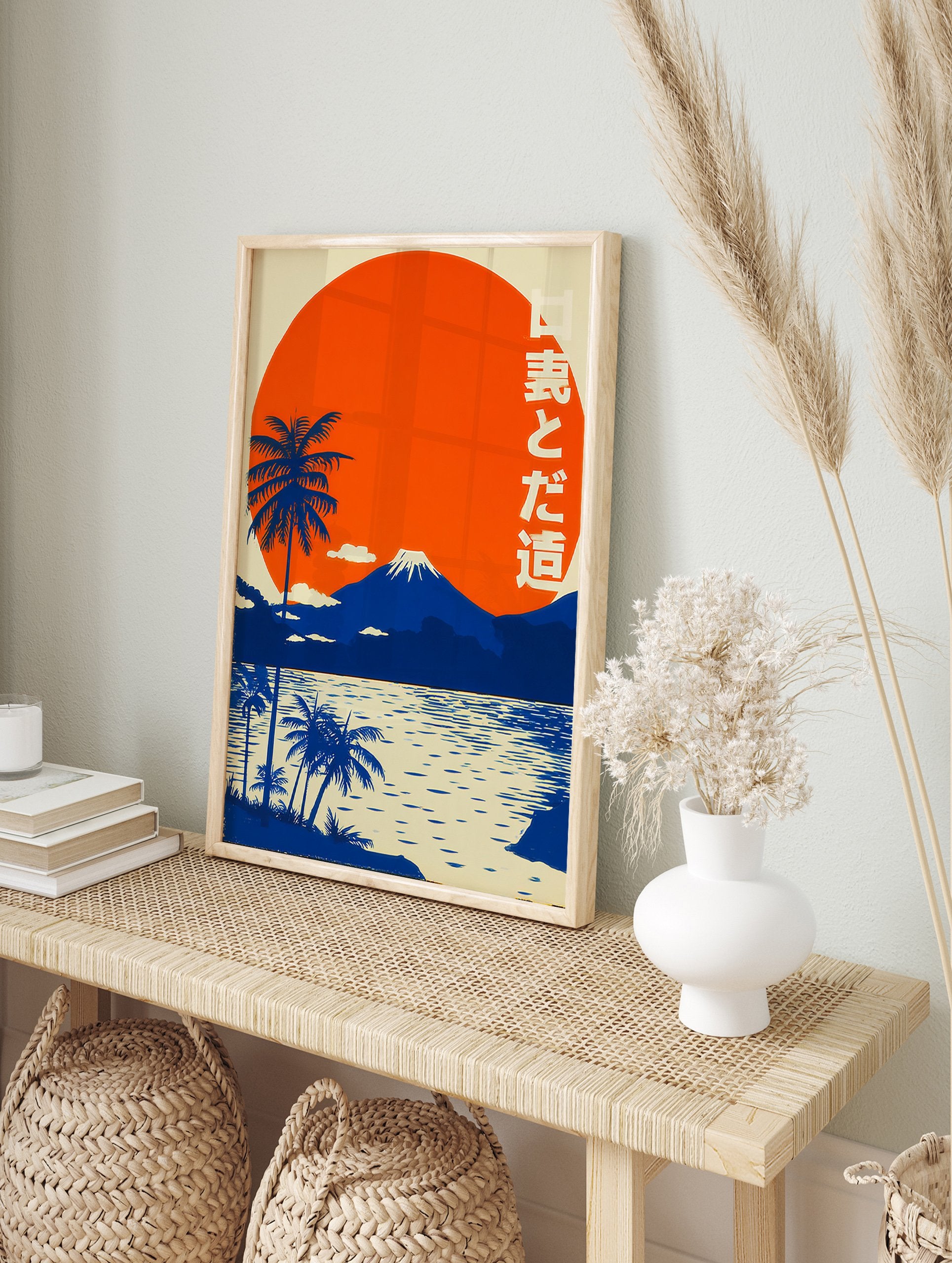 Japanese Landscape Poster featuring Mount Fuji, palm trees, and a large orange sunset reflected in blue water with Japanese text. - Image 4