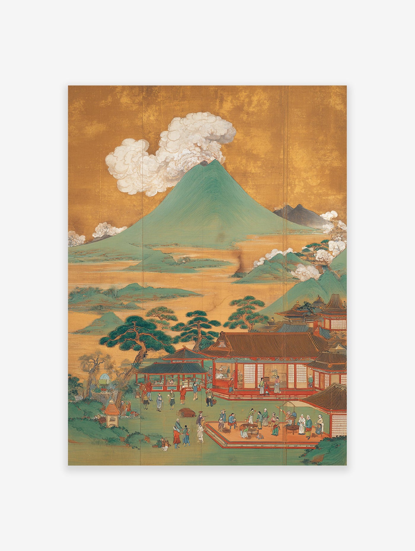 Japanese landscape poster showing Mount Fuji volcano, traditional buildings, and many people on a gold background.