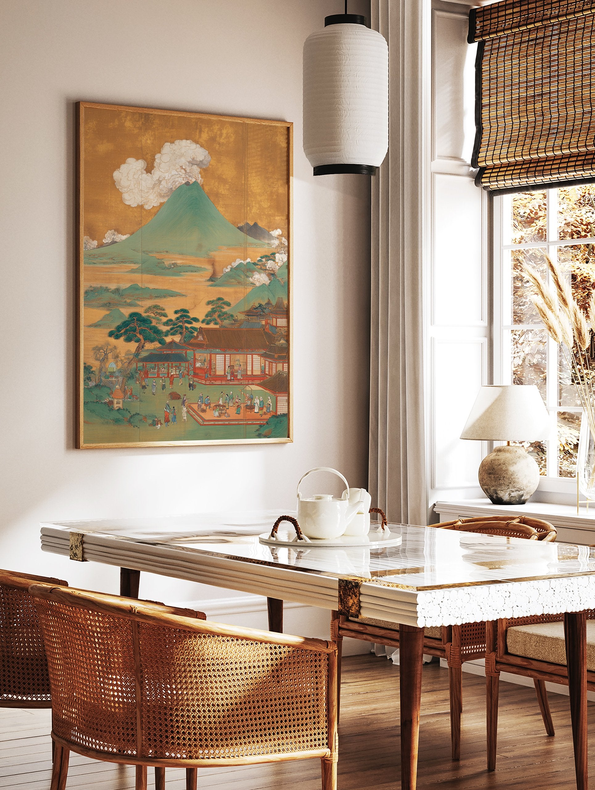 Japanese landscape poster showing Mount Fuji volcano, traditional buildings, and many people on a gold background. - Image 2