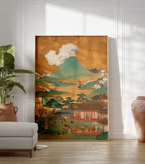 Japanese landscape poster showing Mount Fuji volcano, traditional buildings, and many people on a gold background. - Image 3