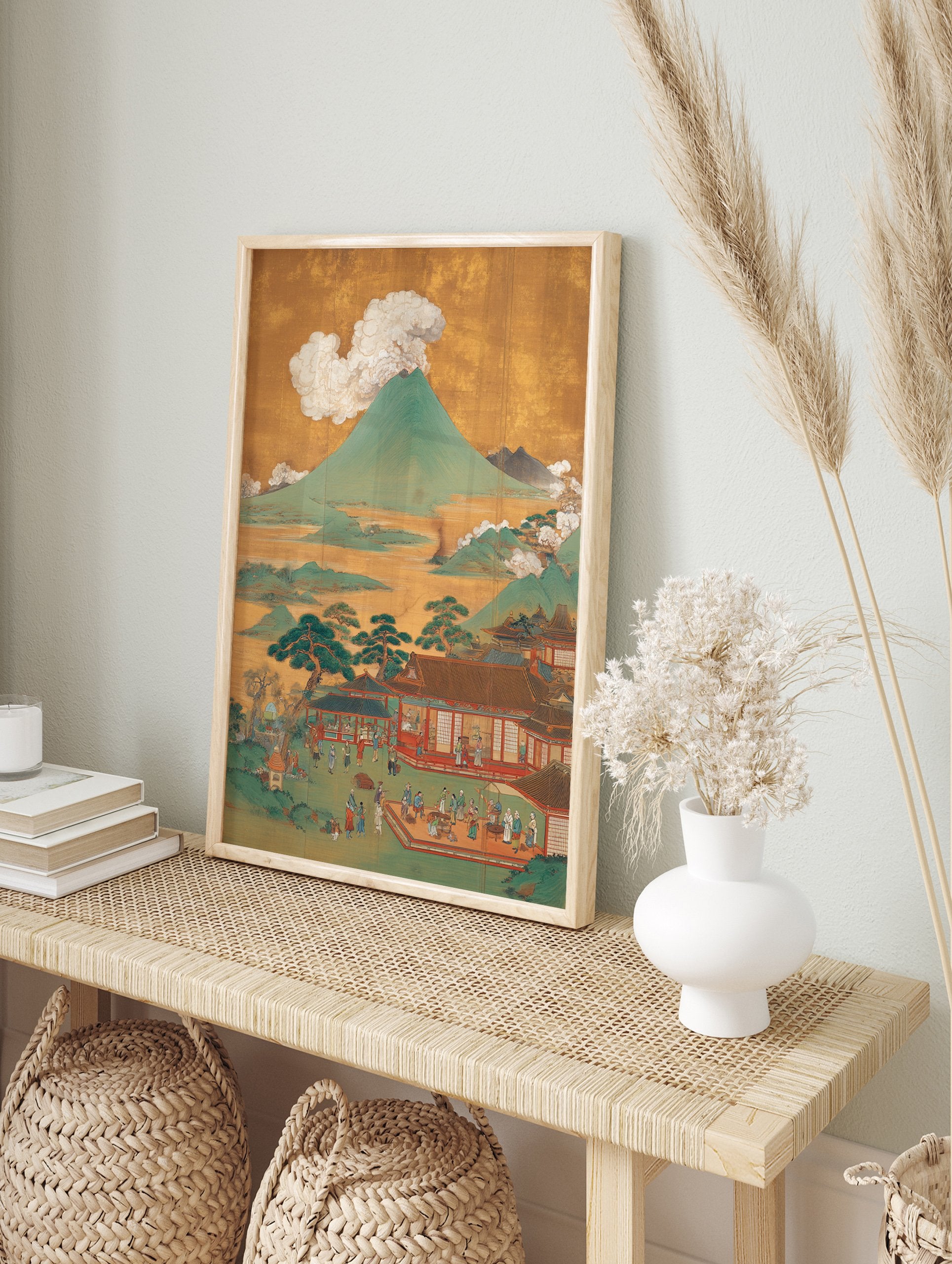 Japanese landscape poster showing Mount Fuji volcano, traditional buildings, and many people on a gold background. - Image 4
