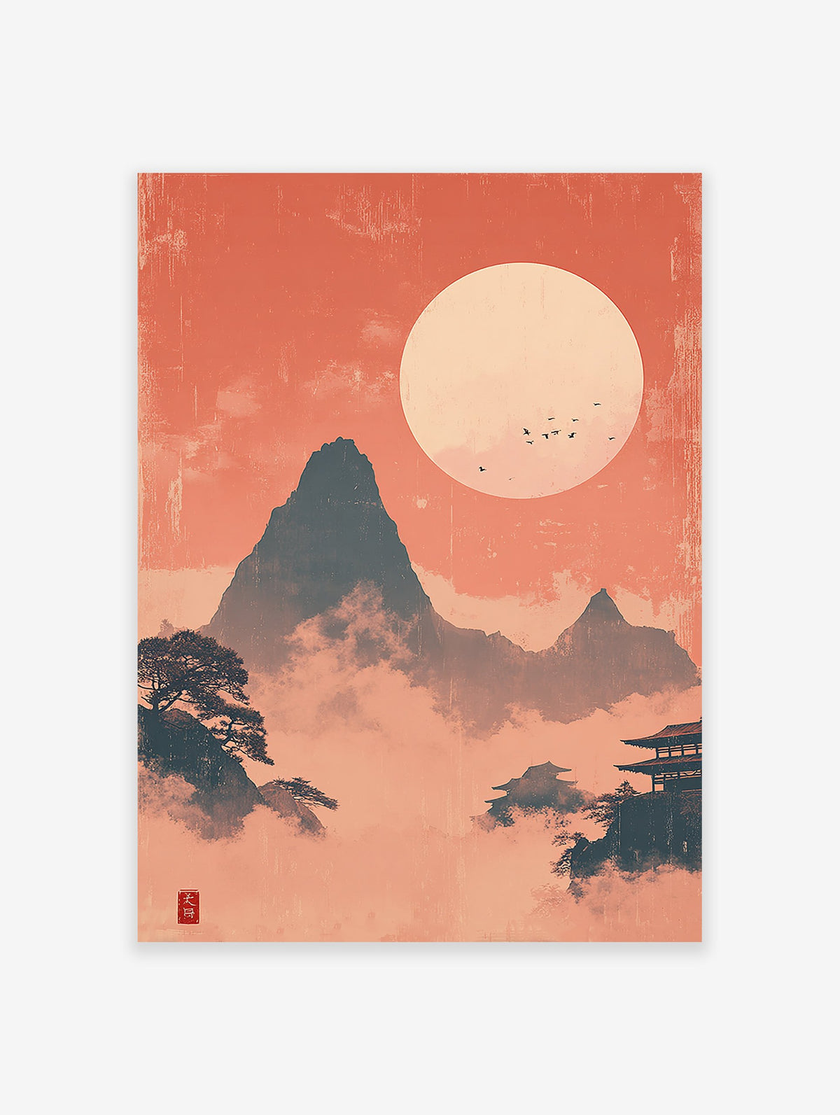Japanese Landscape Poster with orange sky, large moon, dark mountains, traditional pagodas, and trees in mist.
