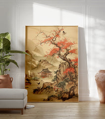 Japanese landscape poster with a red blossom tree, traditional temple, mountains, and birds by water in Asian art style. - Image 3