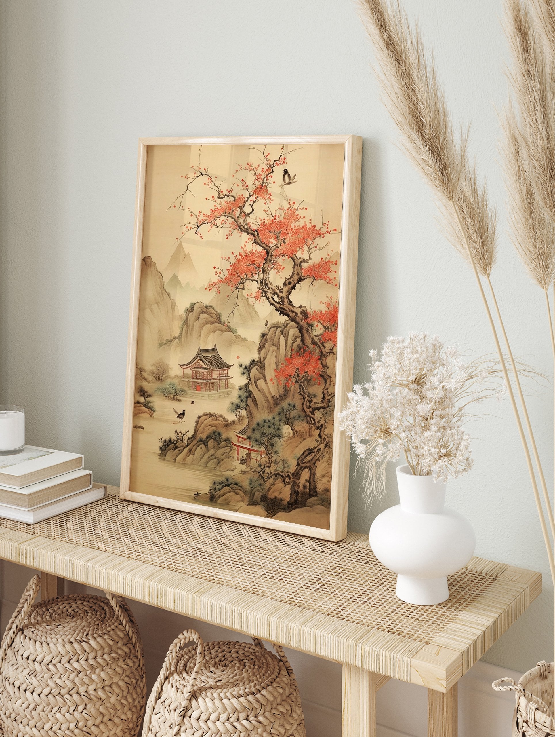 Japanese landscape poster with a red blossom tree, traditional temple, mountains, and birds by water in Asian art style. - Image 4