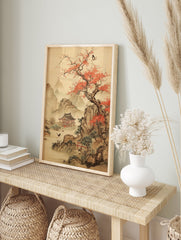 Japanese landscape poster with a red blossom tree, traditional temple, mountains, and birds by water in Asian art style. - Image 4